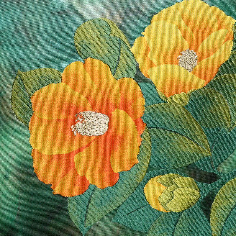 名古屋帯 太鼓柄 良品 正絹 花柄 名古屋仕立て なごや帯 リサイクル帯 帯 箔 金糸 緑・うぐいす色_画像2