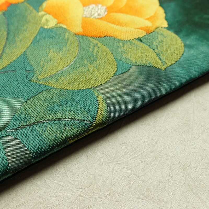 名古屋帯 太鼓柄 良品 正絹 花柄 名古屋仕立て なごや帯 リサイクル帯 帯 箔 金糸 緑・うぐいす色_画像13