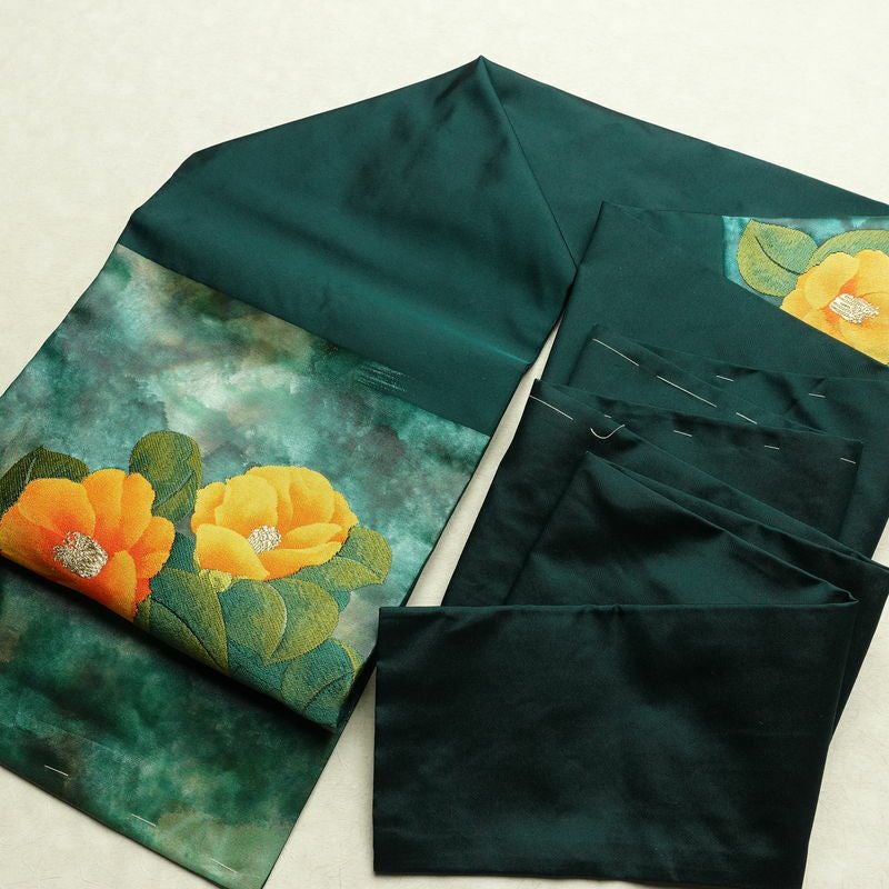 名古屋帯 太鼓柄 良品 正絹 花柄 名古屋仕立て なごや帯 リサイクル帯 帯 箔 金糸 緑・うぐいす色_画像17