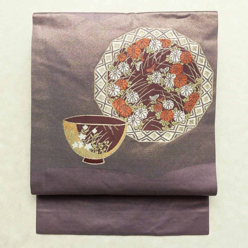 名古屋帯 太鼓柄 正絹 古典柄 名古屋仕立て なごや帯 リサイクル帯 帯 金糸 シンプル 紫・藤色_画像1