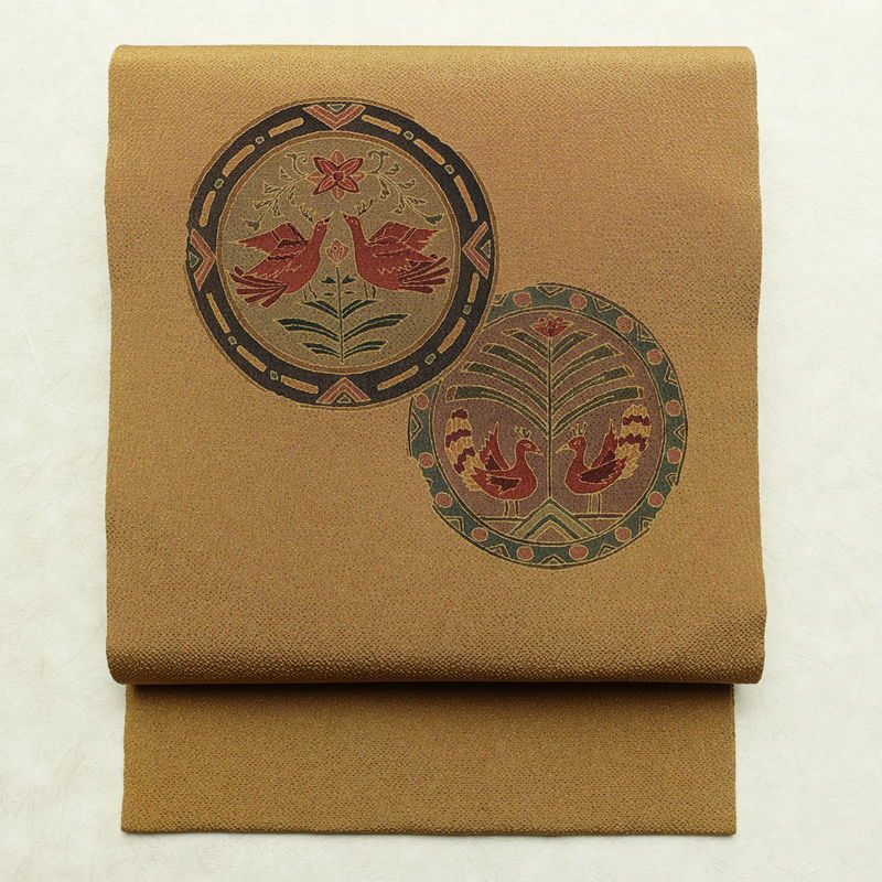 名古屋帯 太鼓柄 良品 縮緬 正絹 人物・動物柄 名古屋仕立て なごや帯 リサイクル帯 帯 黄・黄土色_画像1