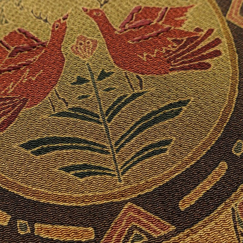 名古屋帯 太鼓柄 良品 縮緬 正絹 人物・動物柄 名古屋仕立て なごや帯 リサイクル帯 帯 黄・黄土色_画像5