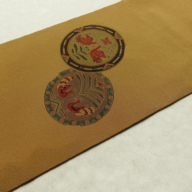 名古屋帯 太鼓柄 良品 縮緬 正絹 人物・動物柄 名古屋仕立て なごや帯 リサイクル帯 帯 黄・黄土色_画像12