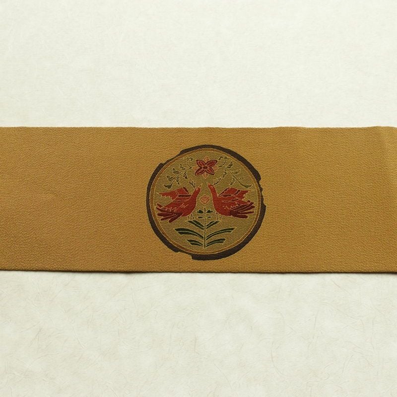 名古屋帯 太鼓柄 良品 縮緬 正絹 人物・動物柄 名古屋仕立て なごや帯 リサイクル帯 帯 黄・黄土色_画像14