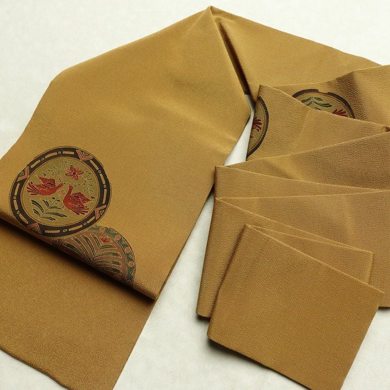 名古屋帯 太鼓柄 良品 縮緬 正絹 人物・動物柄 名古屋仕立て なごや帯 リサイクル帯 帯 黄・黄土色_画像17