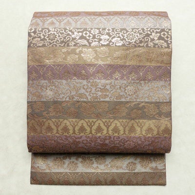 名古屋帯 太鼓柄 正絹 幾何学柄・抽象柄 名古屋仕立て なごや帯 リサイクル帯 帯 箔 紫・藤色