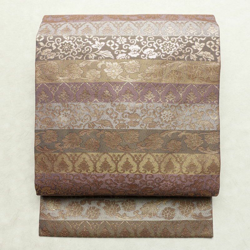 名古屋帯 太鼓柄 正絹 幾何学柄・抽象柄 名古屋仕立て なごや帯 リサイクル帯 帯 箔 紫・藤色_画像1