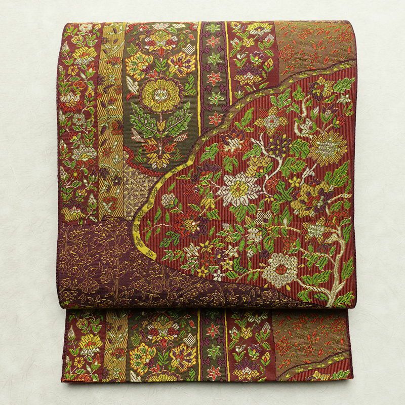 名古屋帯 六通柄 良品 正絹 木の葉・植物柄 通し仕立て なごや帯 リサイクル帯 帯 紫・藤色_画像1