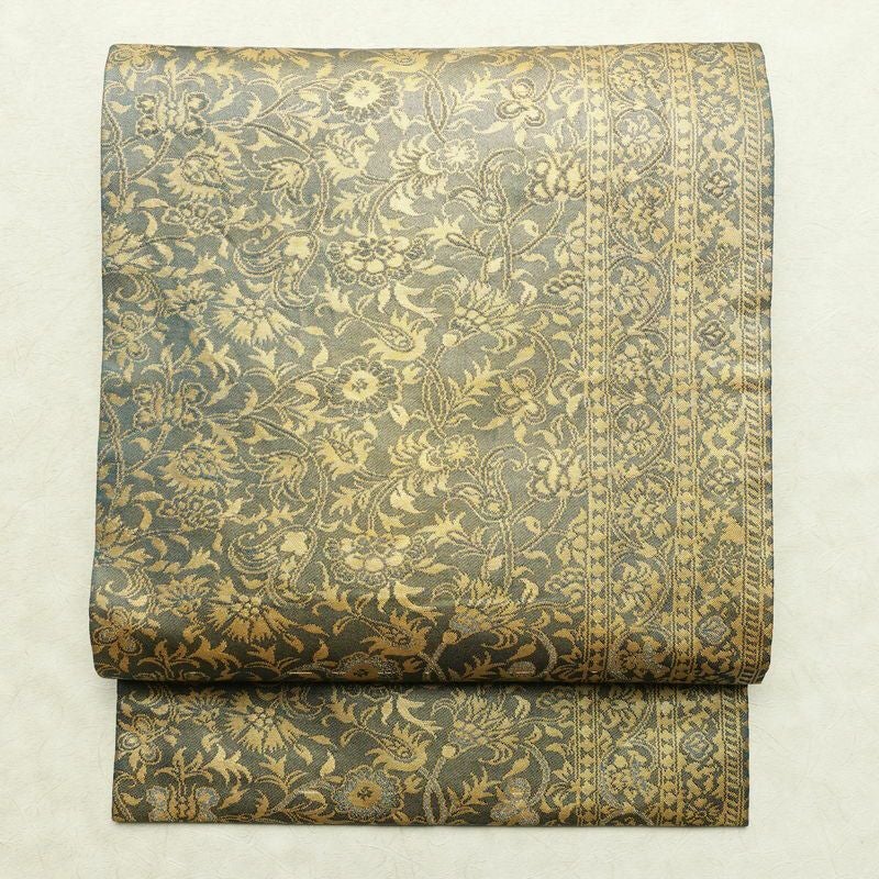 名古屋帯 六通柄 正絹 木の葉・植物柄 名古屋仕立て なごや帯 リサイクル帯 帯 箔 青・紺_画像1