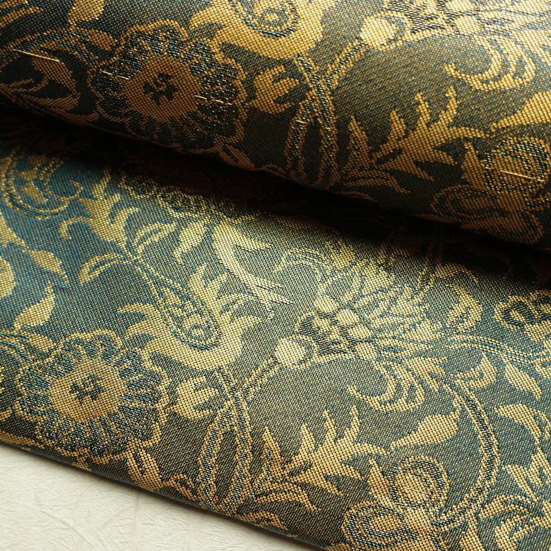 名古屋帯 六通柄 正絹 木の葉・植物柄 名古屋仕立て なごや帯 リサイクル帯 帯 箔 青・紺_画像7