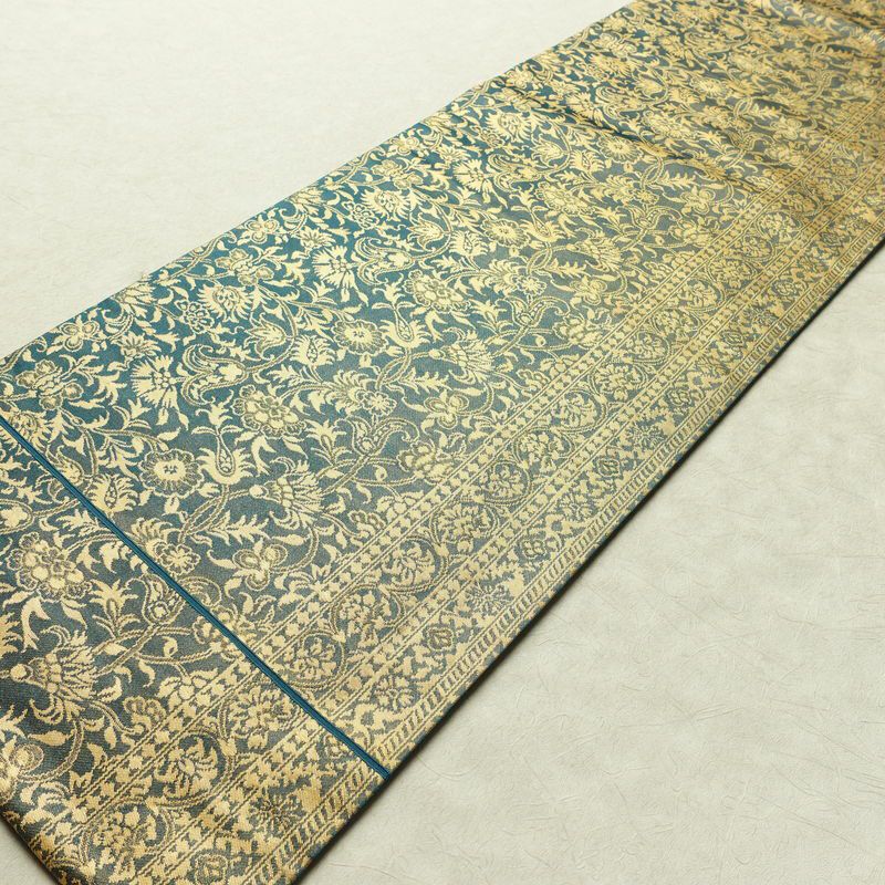 名古屋帯 六通柄 正絹 木の葉・植物柄 名古屋仕立て なごや帯 リサイクル帯 帯 箔 青・紺_画像8