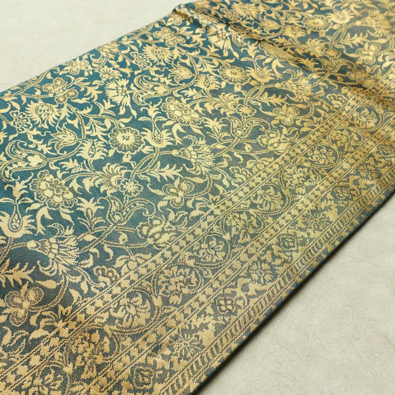 名古屋帯 六通柄 正絹 木の葉・植物柄 名古屋仕立て なごや帯 リサイクル帯 帯 箔 青・紺_画像11