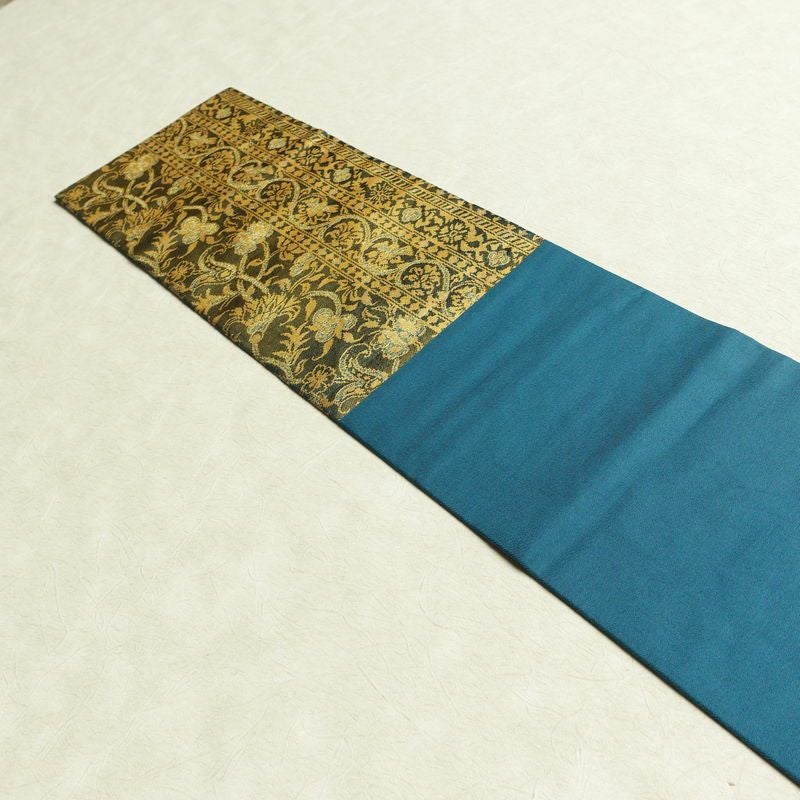 名古屋帯 六通柄 正絹 木の葉・植物柄 名古屋仕立て なごや帯 リサイクル帯 帯 箔 青・紺_画像16
