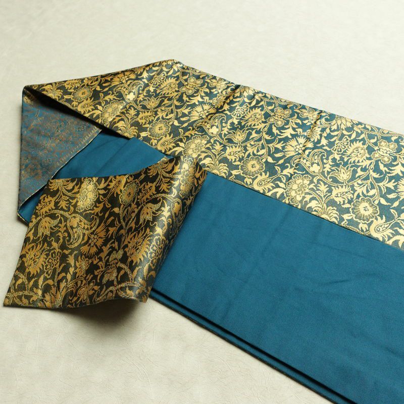名古屋帯 六通柄 正絹 木の葉・植物柄 名古屋仕立て なごや帯 リサイクル帯 帯 箔 青・紺_画像21