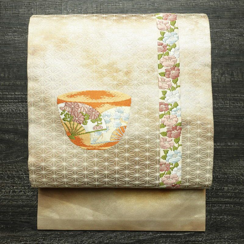 名古屋帯 太鼓柄 正絹 古典柄 名古屋仕立て なごや帯 リサイクル帯 帯 箔 シンプル クリーム_画像1