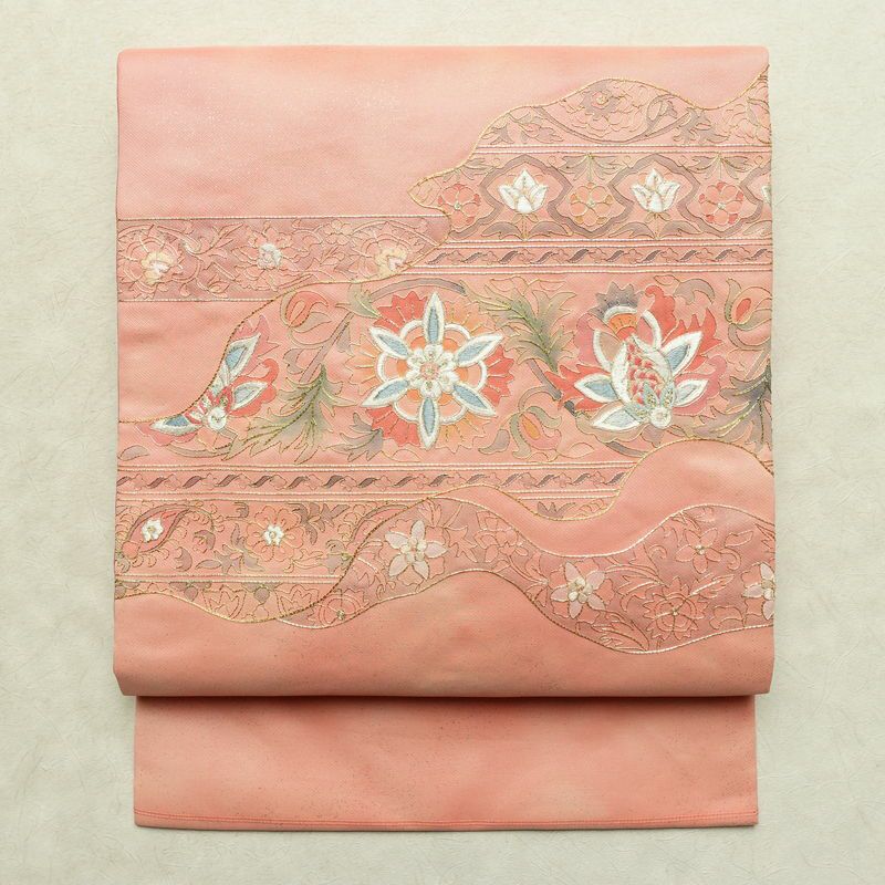 名古屋帯 太鼓柄 正絹 花柄 名古屋仕立て なごや帯 リサイクル帯 帯 刺繍 箔 ピンク_画像1