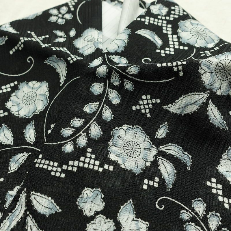盛夏 小紋 美品 ポリエステル 花柄 単衣仕立て 身丈161.5cm 裄丈65cm リサイクル着物 着物 黒_画像16
