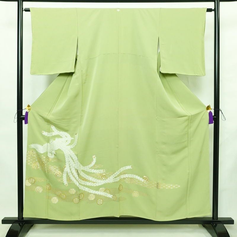色留袖 良品 落款入り しつけ糸付き 一つ紋付き 正絹 人物・動物柄 袷仕立て 身丈155cm 裄丈63cm リサイクル着物 着物 共八掛 金彩 金糸 結婚式 フォーマル 緑・うぐいす色_画像1