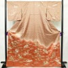 付け下げ 良品 落款入り しつけ糸付き 綸子 正絹 古典柄 袷仕立て 身丈167.5cm 裄丈67cm リサイクル着物 着物 刺繍 箔 金彩 入学式 卒業式 七五三 お宮参り フォーマル 籠目 菊 茶_画像1