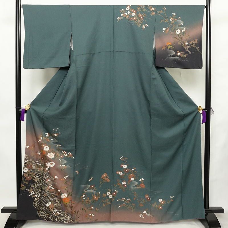 訪問着 正絹 花柄 袷仕立て 身丈164cm 裄丈66cm リサイクル着物 着物 金彩 入学式 卒業式 七五三 お宮参り フォーマル 菊 緑・うぐいす色_画像1