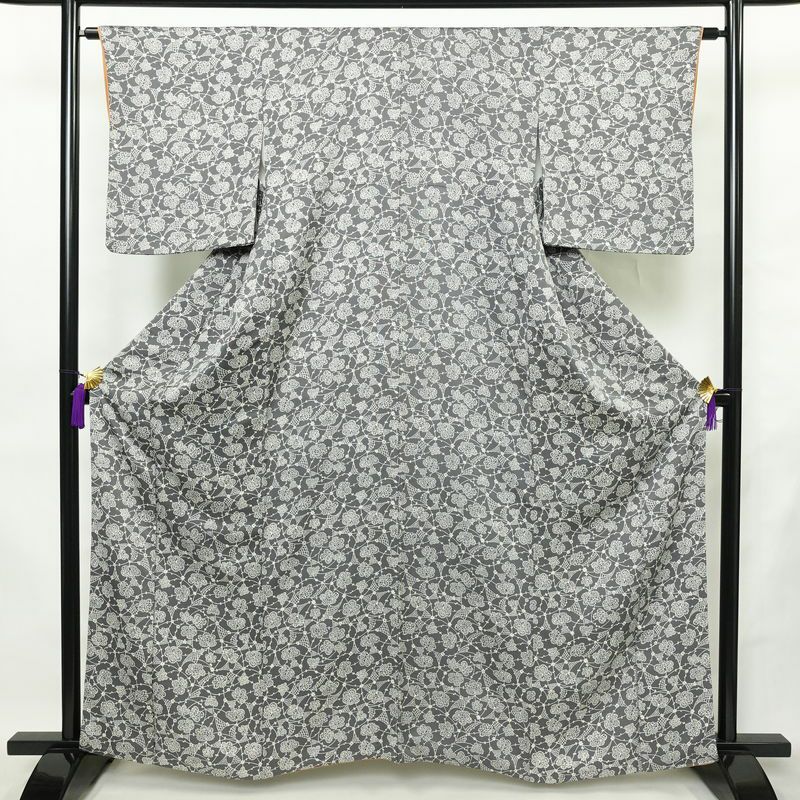 小紋 良品 総柄 正絹 花柄 袷仕立て 身丈161.5cm 裄丈62cm リサイクル着物 着物 グレー_画像1