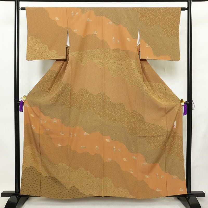 小紋 良品 石塚幸生 伝統工芸士 落款入り 縮緬 江戸小紋 付下小紋 正絹 古典柄 袷仕立て 身丈158.5cm 裄丈63cm リサイクル着物 着物 橙_画像1