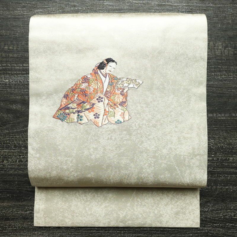 名古屋帯 太鼓柄 正絹 人物・動物柄 名古屋仕立て なごや帯 リサイクル帯 帯 箔 シンプル 白_画像1