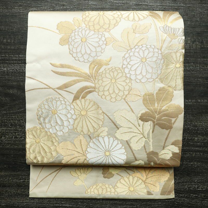 名古屋帯 六通柄 良品 正絹 花柄 名古屋仕立て なごや帯 リサイクル帯 帯 箔 菊 ベージュ_画像1