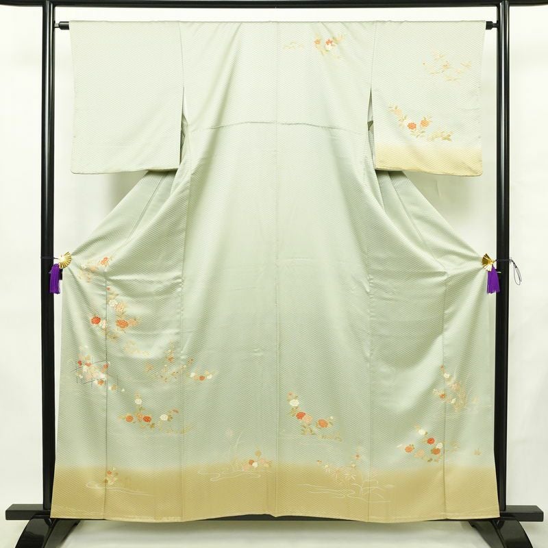 訪問着 美品 しつけ糸付き 金駒刺繍 正絹 花柄 袷仕立て 身丈158cm 裄丈64cm リサイクル着物 着物 金彩 入学式 卒業式 七五三 お宮参り フォーマル 上品 緑・うぐいす色_画像1