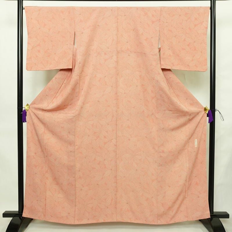 小紋 雛道具彫紋 落款入り 江戸小紋 バチ衿仕立て 正絹 木の葉・植物柄 袷仕立て 身丈162cm 裄丈66cm リサイクル着物 着物 ピンク_画像1