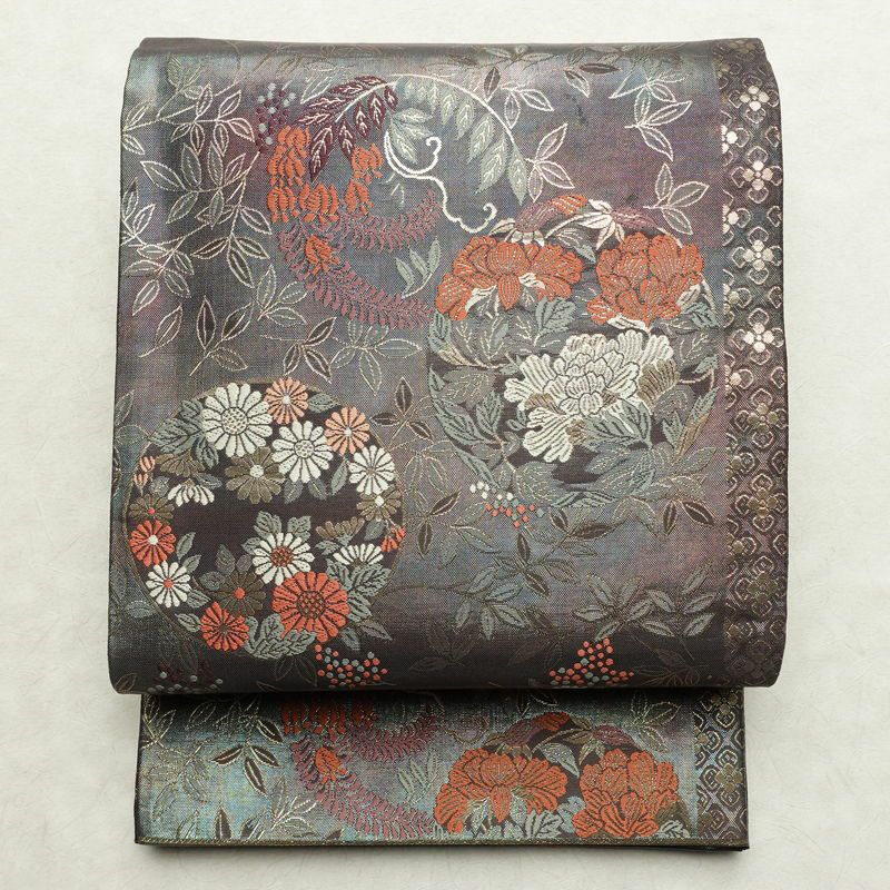 袋帯 六通柄 美品 フォーマル用 正絹 花柄 リサイクル帯 帯 箔 入学式 卒業式 結婚式 七五三 パーティー お宮参り フォーマル 茶_画像1