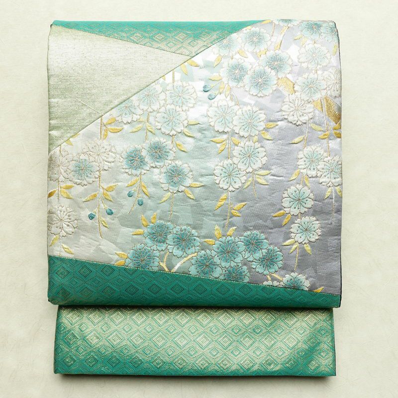 袋帯 太鼓柄 フォーマル用 正絹 花柄 リサイクル帯 帯 箔 入学式 結婚式 パーティー フォーマル 桜 緑・うぐいす色_画像1