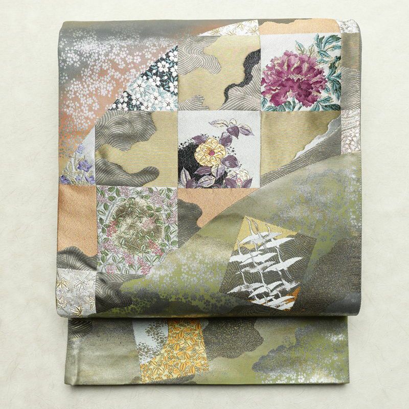 袋帯 六通柄 良品 フォーマル用 正絹 木の葉・植物柄 リサイクル帯 帯 箔 入学式 卒業式 結婚式 七五三 お宮参り フォーマル グレー_画像1