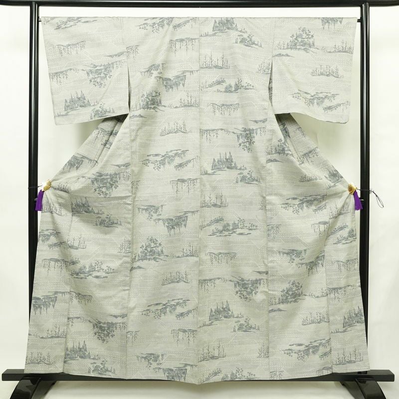 単衣 紬 しつけ糸付き 正絹 風景柄 単衣仕立て 身丈159.5cm 裄丈66.5cm リサイクル着物 着物 グレー_画像1