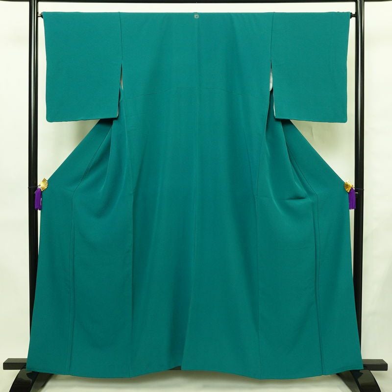 色無地 縮緬 一つ紋付き 正絹 無地 袷仕立て 身丈159cm 裄丈66cm リサイクル着物 着物 お茶会 フォーマル ゆったりサイズ 幅広 緑・うぐいす色_画像1