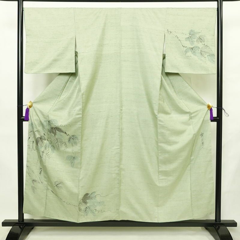 付け下げ 楽斉道人 正絹 木の葉・植物柄 袷仕立て 身丈155.5cm 裄丈67cm リサイクル着物 着物 紬地 緑・うぐいす色_画像1
