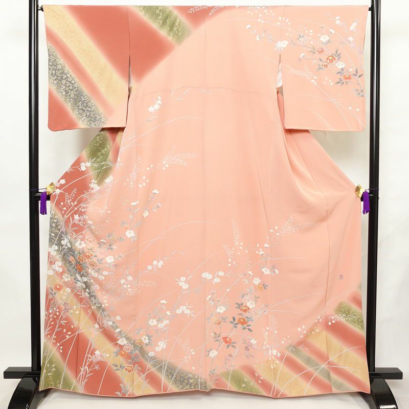 訪問着 良品 縮緬 正絹 花柄 袷仕立て 身丈163.5cm 裄丈66cm リサイクル着物 着物 箔 入学式 卒業式 七五三 お宮参り 盛り上げ箔 フォーマル ピンク_画像1