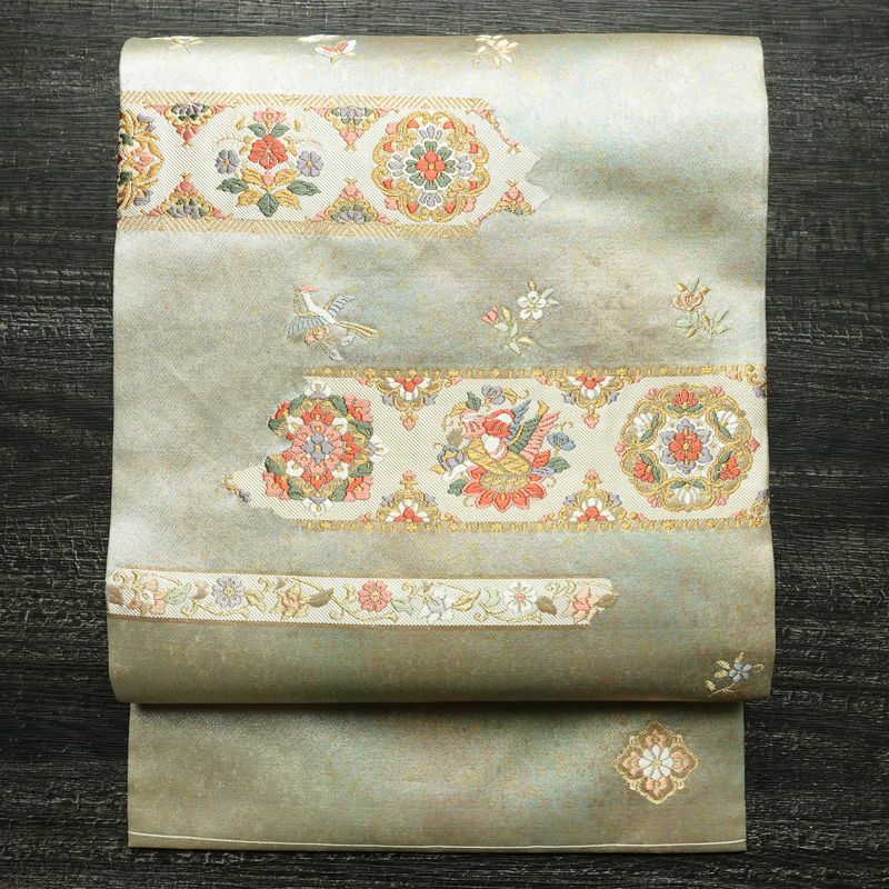 名古屋帯 太鼓柄 良品 正絹 幾何学柄・抽象柄 名古屋仕立て なごや帯 リサイクル帯 帯 箔 金糸 多色使い_画像1