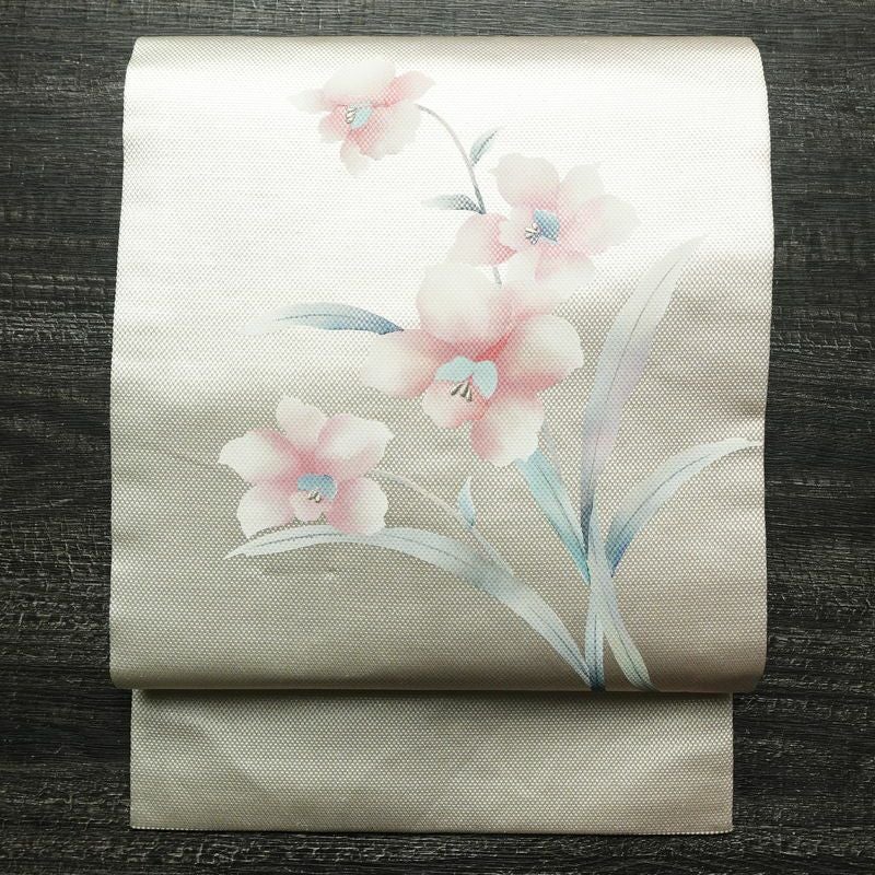 名古屋帯 太鼓柄 良品 正絹 花柄 名古屋仕立て なごや帯 リサイクル帯 帯 銀糸 シルバーピンク ピンク_画像1