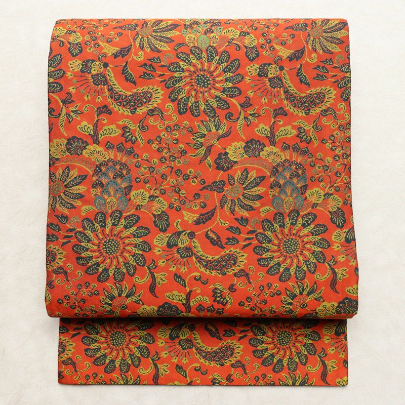 名古屋帯 全通柄 良品 正絹 幾何学柄・抽象柄 名古屋仕立て なごや帯 リサイクル帯 帯 赤・朱_画像1