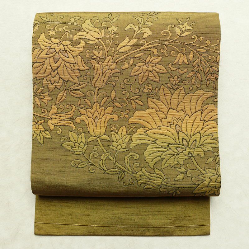 名古屋帯 太鼓柄 正絹 木の葉・植物柄 名古屋仕立て なごや帯 リサイクル帯 帯 紬地 黄・黄土色_画像1