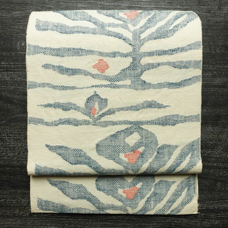 名古屋帯 六通柄 正絹 幾何学柄・抽象柄 通し仕立て なごや帯 リサイクル帯 帯 紬地 白_画像1