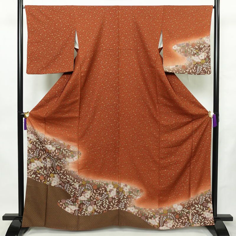 付け下げ ふくれ織 正絹 花柄 袷仕立て 身丈164cm 裄丈66cm リサイクル着物 着物 金彩 フォーマル 橙_画像1