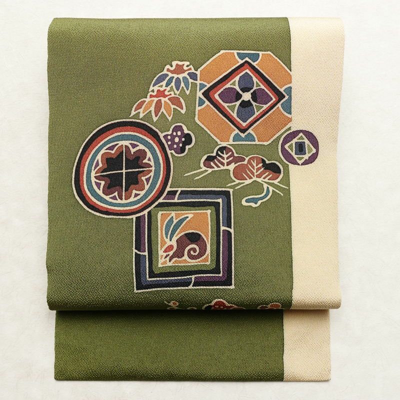 名古屋帯 太鼓柄 良品 落款入り 縮緬 正絹 古典柄 名古屋仕立て なごや帯 リサイクル帯 帯 緑・うぐいす色_画像1