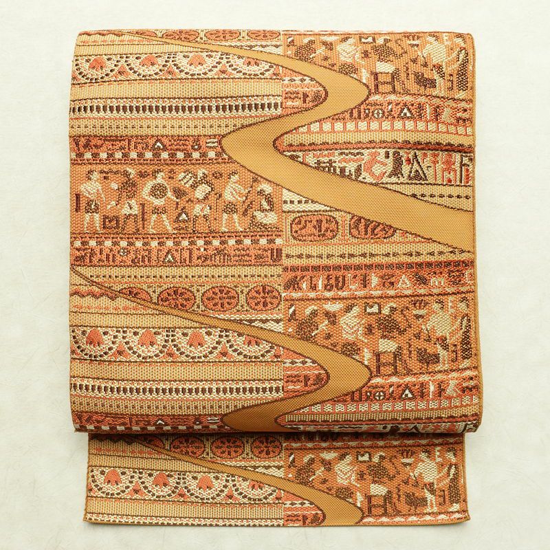 名古屋帯 六通柄 良品 正絹 幾何学柄・抽象柄 名古屋仕立て なごや帯 リサイクル帯 帯 オリエンタル 黄・黄土色_画像1