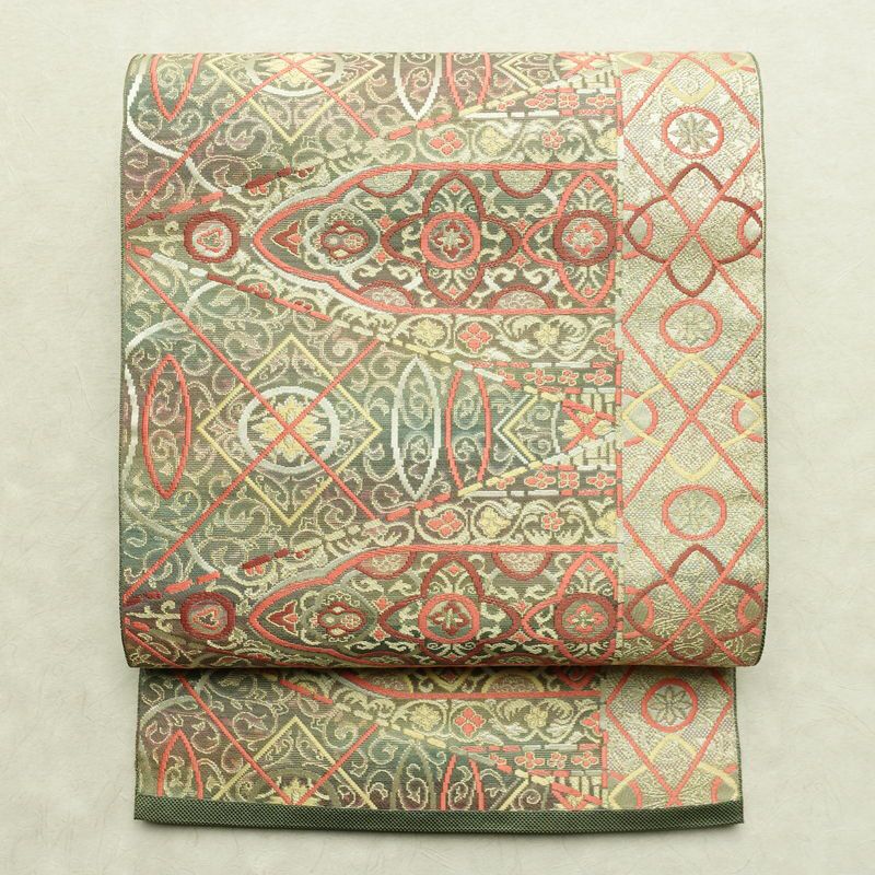 名古屋帯 六通柄 正絹 幾何学柄・抽象柄 松葉仕立て なごや帯 リサイクル帯 帯 多色使い_画像1