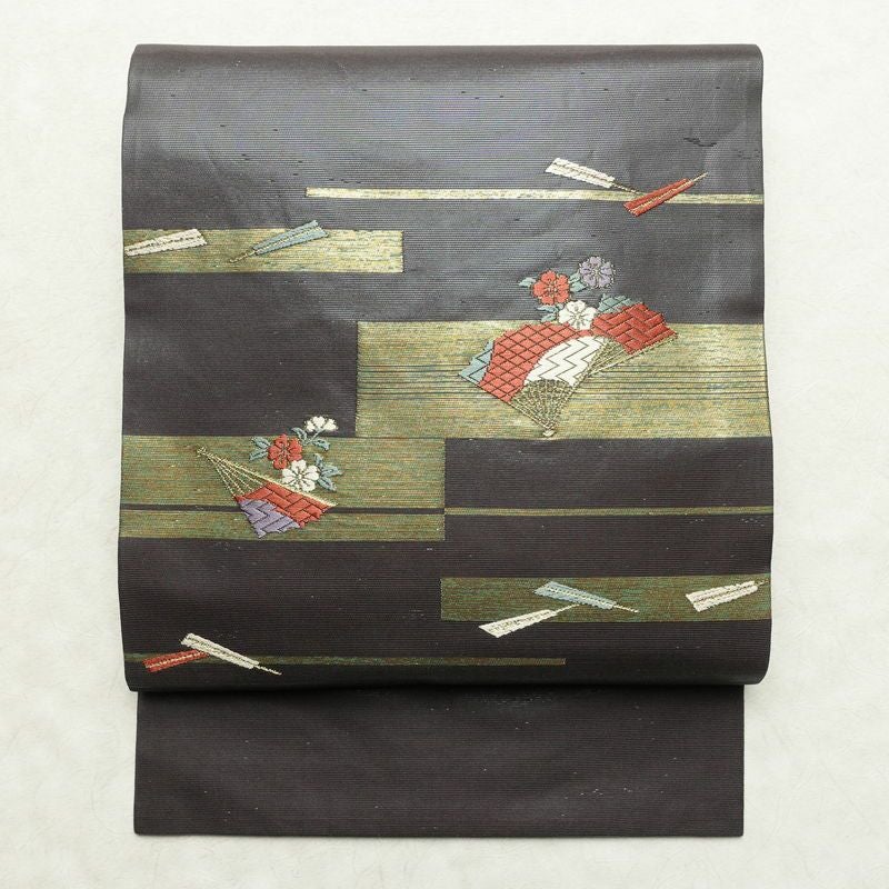 名古屋帯 太鼓柄 正絹 古典柄 名古屋仕立て なごや帯 リサイクル帯 帯 箔 扇子 グレー_画像1