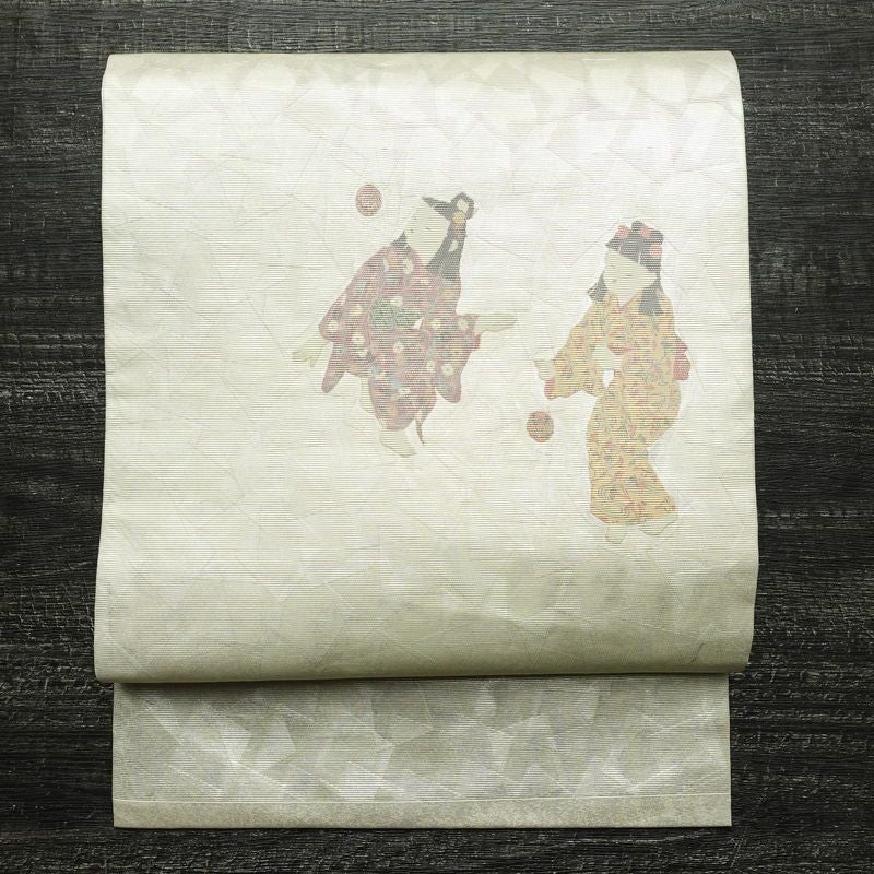 名古屋帯 太鼓柄 正絹 人物・動物柄 名古屋仕立て なごや帯 リサイクル帯 帯 箔 白_画像1
