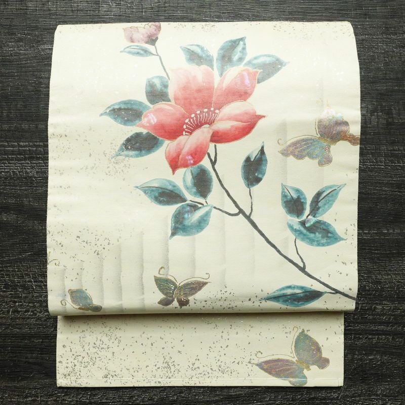 名古屋帯 太鼓柄 しつけ糸付き 正絹 花柄 名古屋仕立て なごや帯 リサイクル帯 蝶 帯 箔 白_画像1