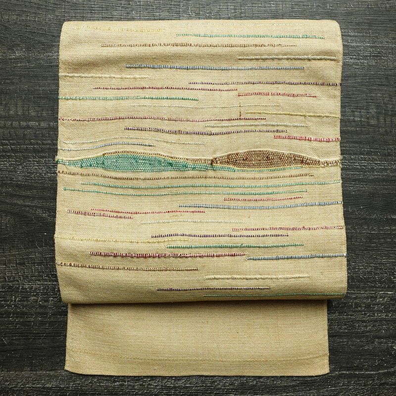 名古屋帯 太鼓柄 正絹 縞柄・線柄 名古屋仕立て なごや帯 リサイクル帯 帯 モダン シンプル ベージュ_画像1